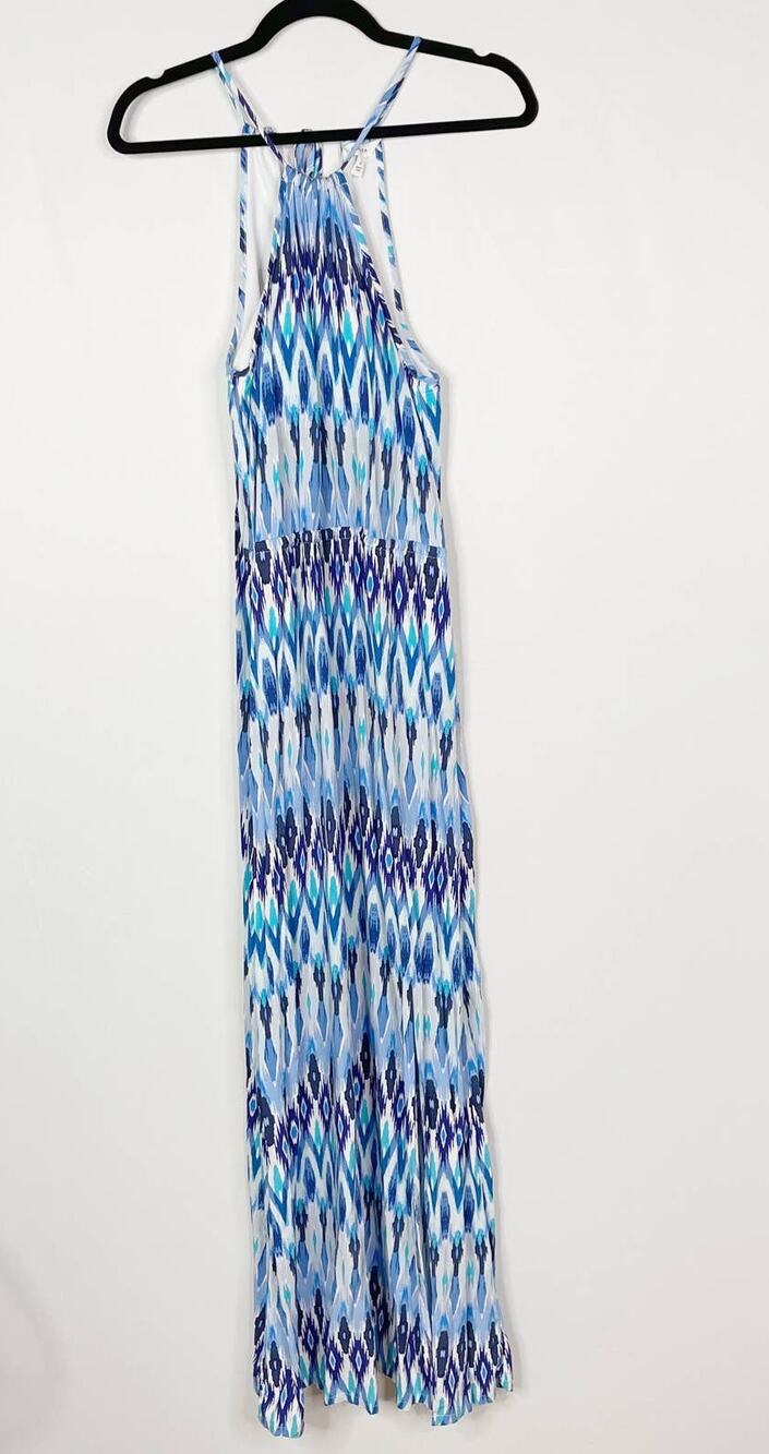 Athleta Small S Blue Kissma Maxi Dress Halter Neck Tie Waist Keyhole Slit Casual